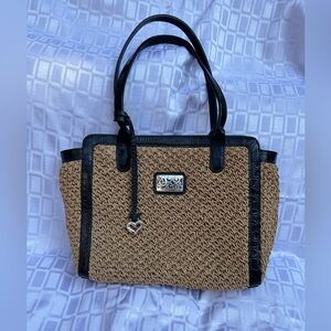Brighton MONETTE wheat and black basket weave and embossed leather trim tote
